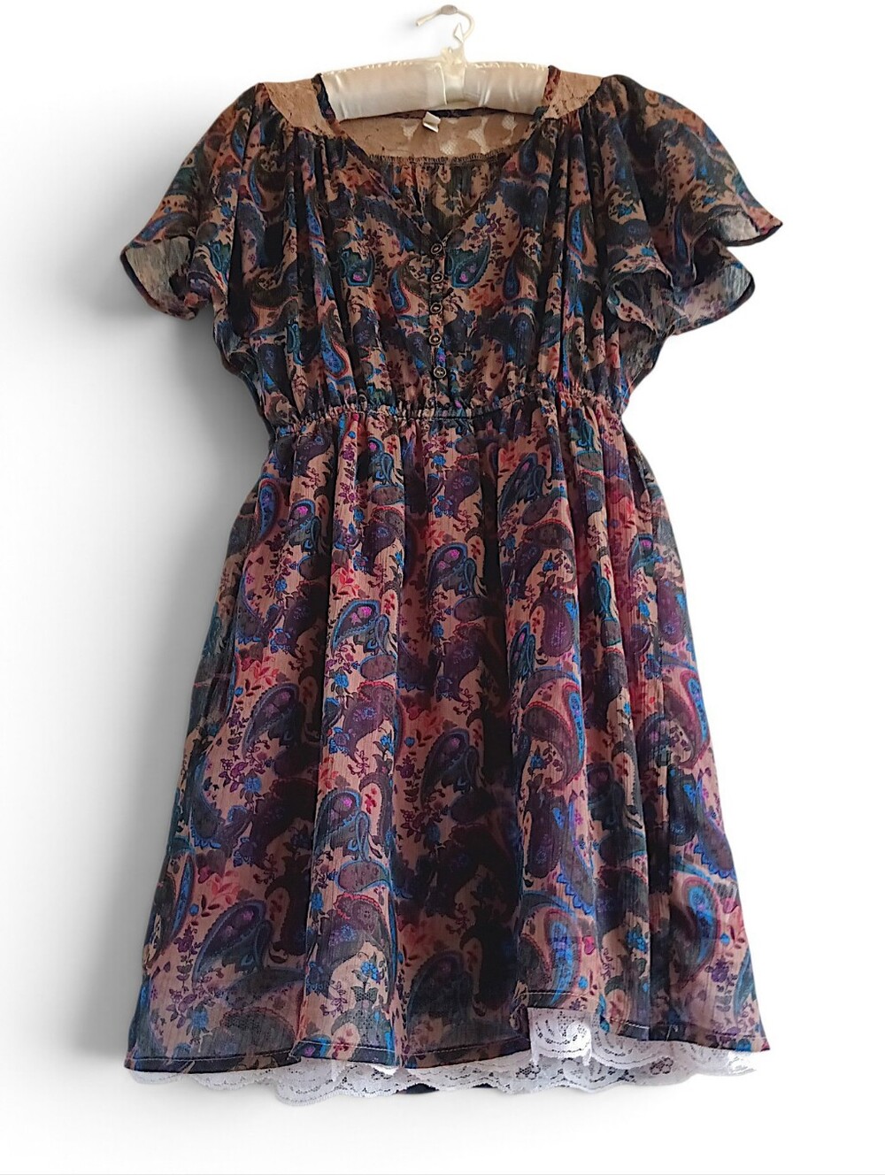 No Boundaries Blue Brown Paisley Mini Dress Sheer Flowy Femme Lace Boho Western
